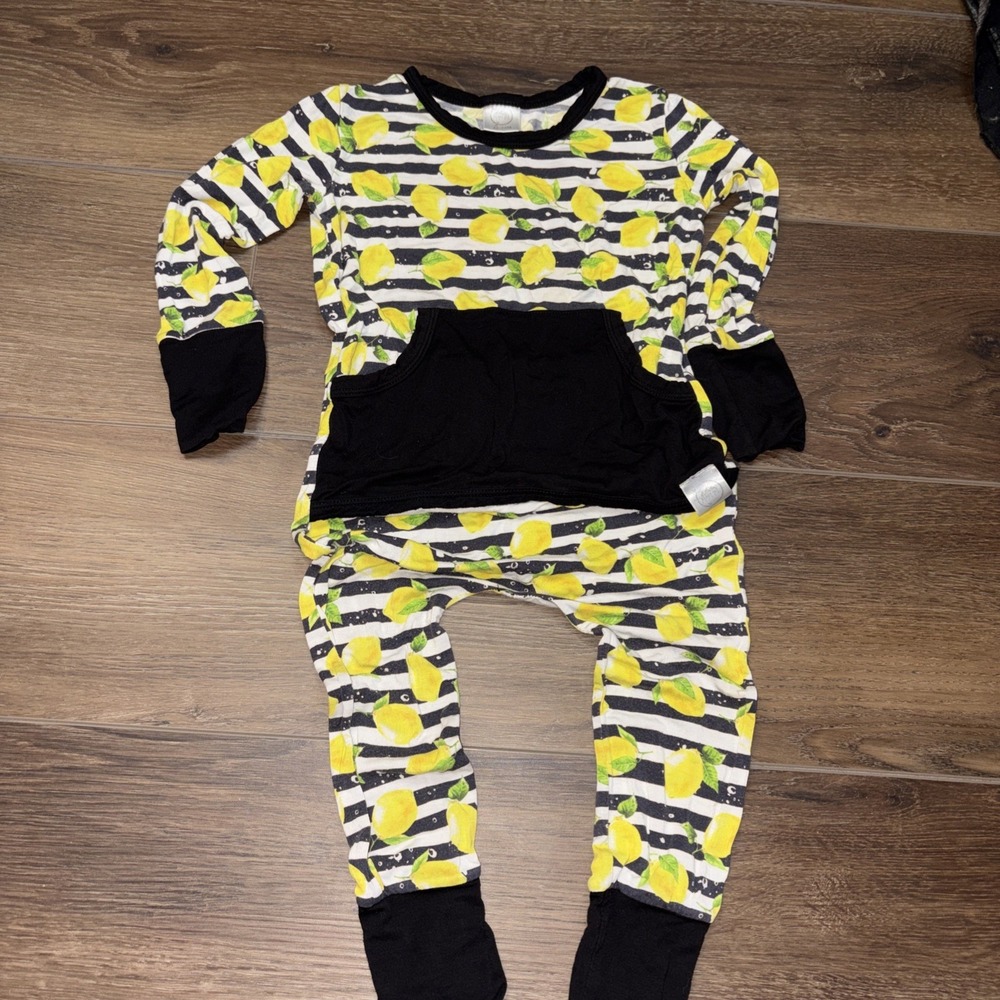 Ready Set Romper Bamboo outfit 12-24 Month Black/White  Striped Lemons Vintage